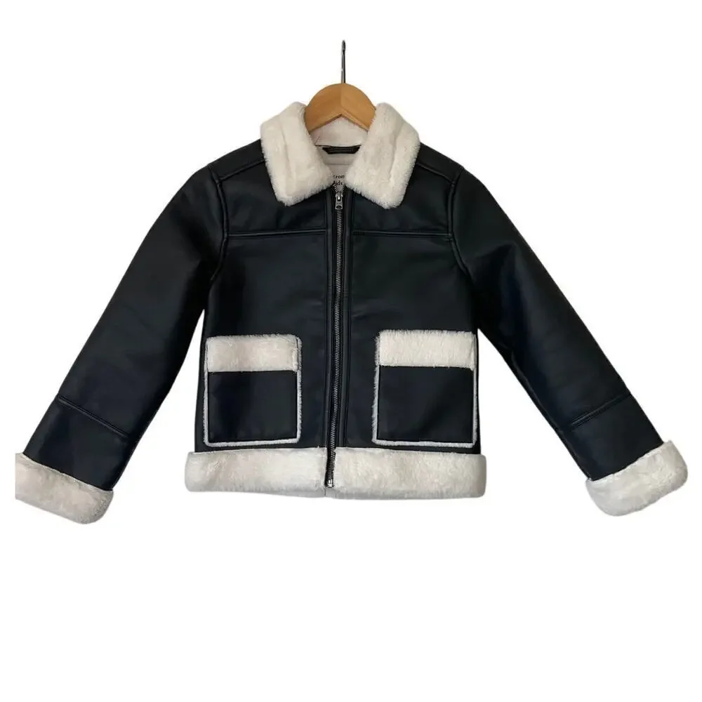 Abercrombie Kids Faux Leather Black Jacket with White Faux Trim • Size 9/10 ⬇️